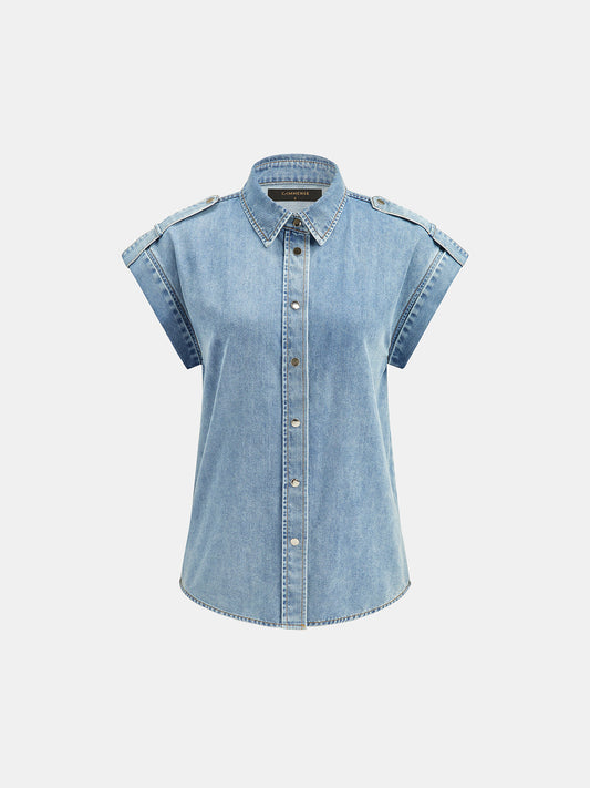 Camisa Vaquera Sin Mangas con Charreteras y Botones Metálicos