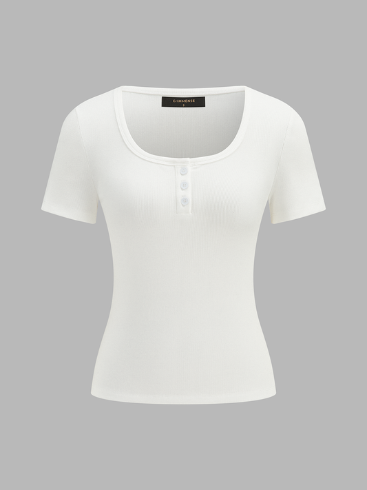 Top henley de canalé de manga corta