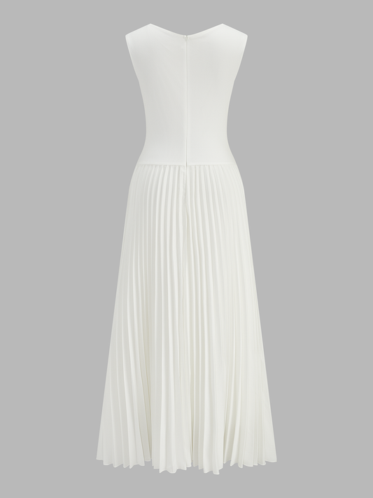 Vestido midi sin mangas de pico con panel plisado