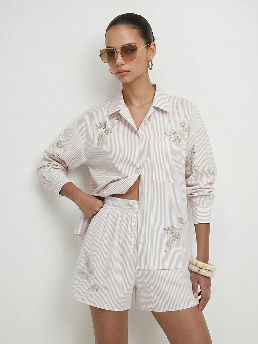 Camisa de manga larga a rayas con hojas de lentejuelas | Alice Lune
