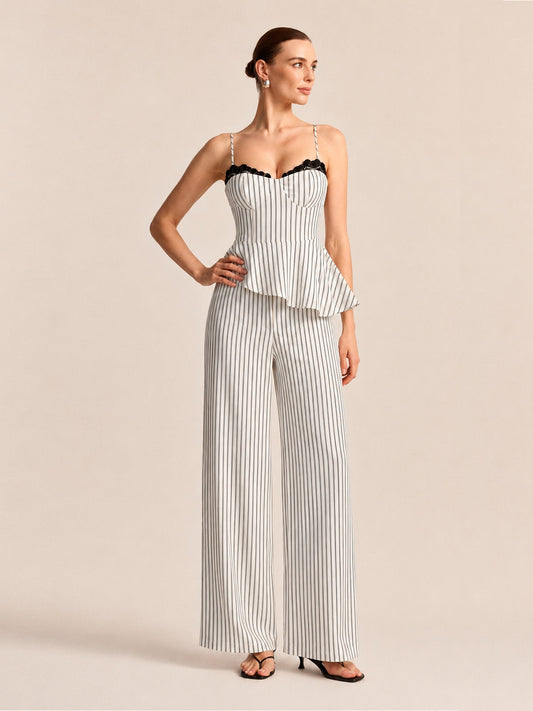 Conjunto de top peplum a rayas con encaje y pantalón | Alice Lune