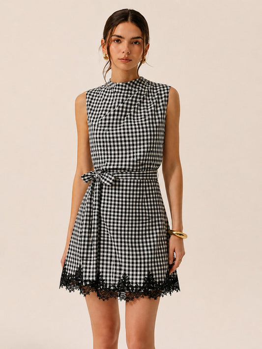 Vestido mini de cuadros vichy con lazo y ribete de encaje | Alice Lune