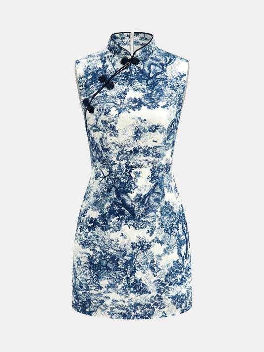Vestido mini sin mangas con estampado toile y botones de alamar