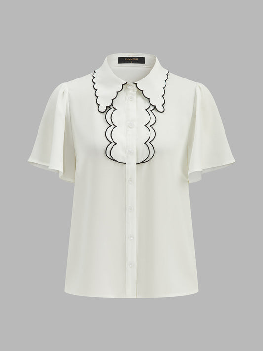 Blusa de manga farol con borde ondulado en contraste