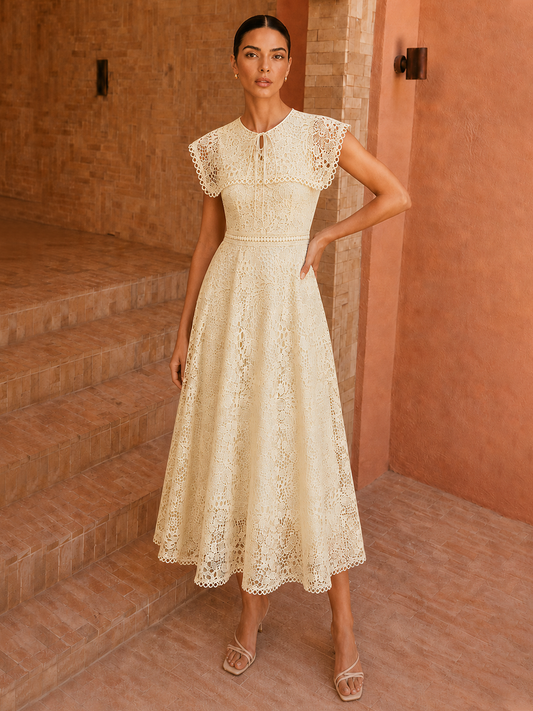 Vestido midi de encaje con cuello capa anudado | Alice Lune