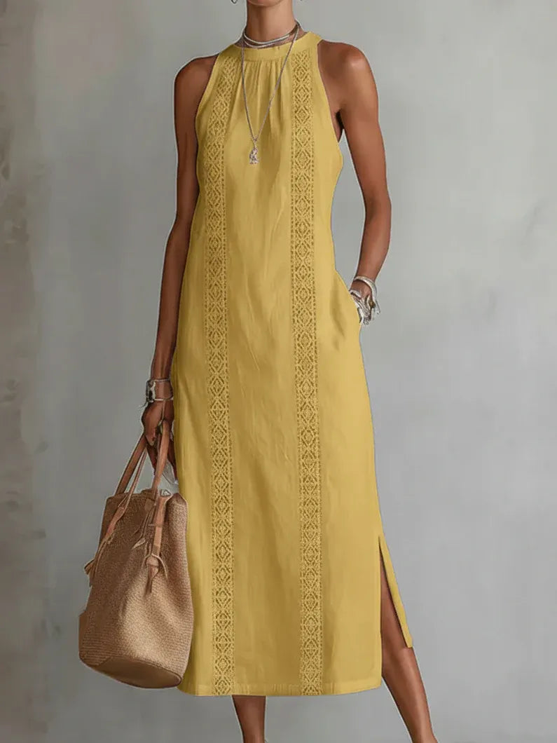 Jimena | Vestido midi holgado con cuello mao bordado