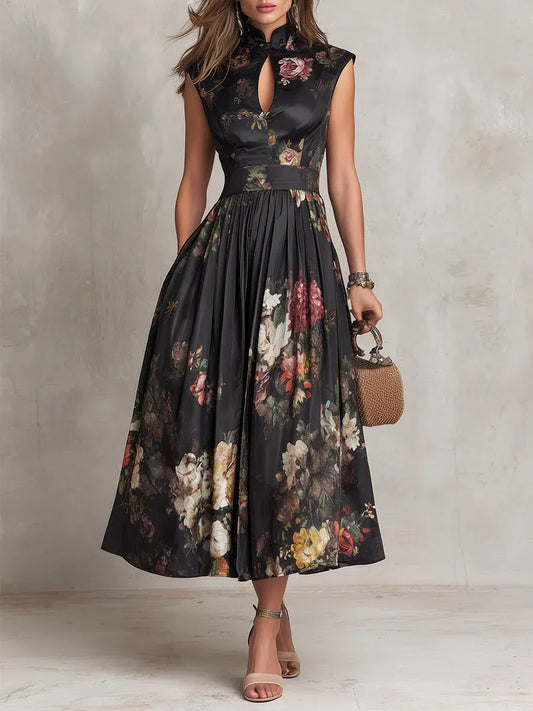 Vestido midi de satén plisado con cuello en forma de llave