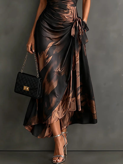 Francesca | Vestido midi cruzado con estampado abstracto, marrón