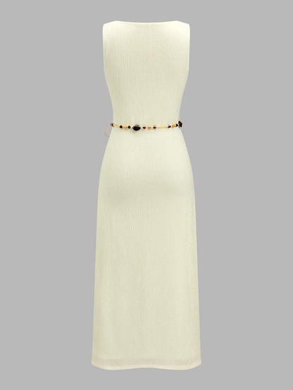 Vestido midi sin mangas texturizado con escote cuadrado y cinturón