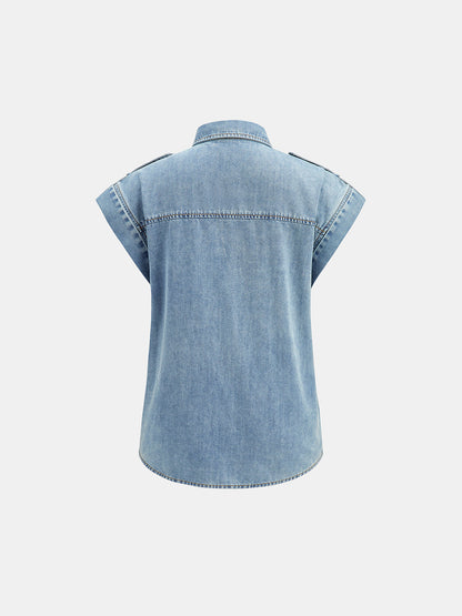 Camisa Vaquera Sin Mangas con Charreteras y Botones Metálicos