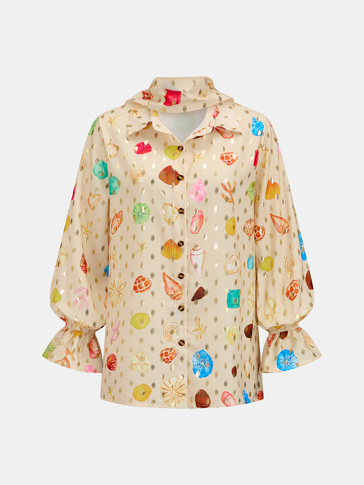 Conjunto de dos piezas con estampado de conchas y lunares dorados