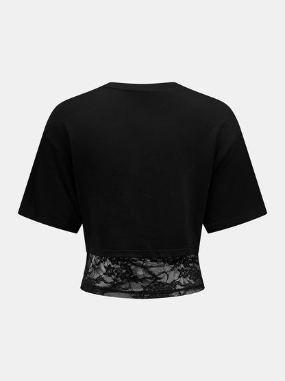 Top de manga corta patchwork con bajo de encaje
