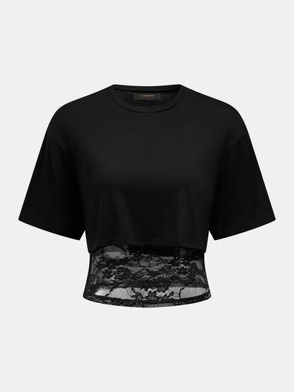 Top de manga corta patchwork con bajo de encaje