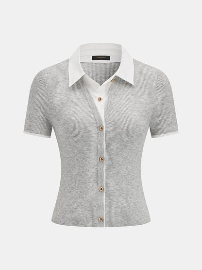 Top de punto canalé de manga corta con cuello postizo