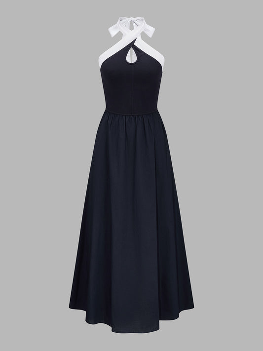 Vestido midi halter color block con abertura