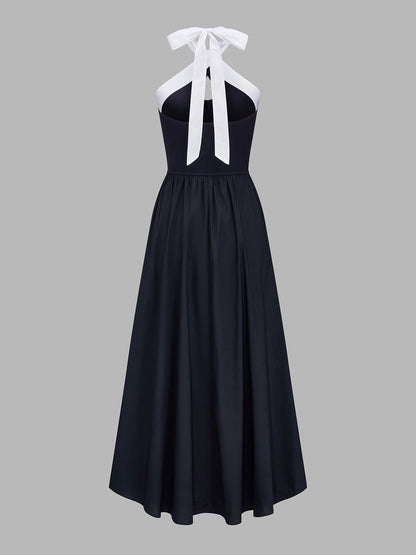 Vestido midi halter color block con abertura