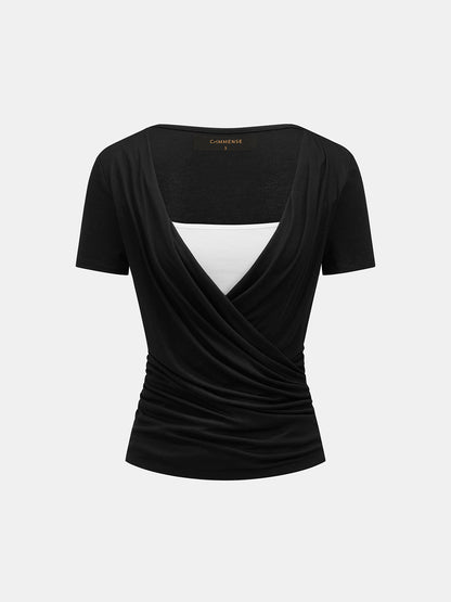 Blusa de manga corta drapeada efecto dos piezas