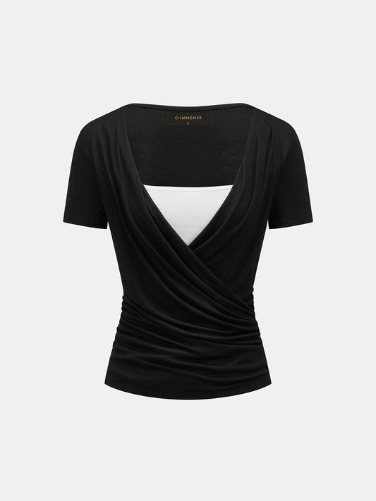 Blusa de manga corta drapeada efecto dos piezas