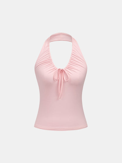 Top corto halter fruncido con cordón ajustable