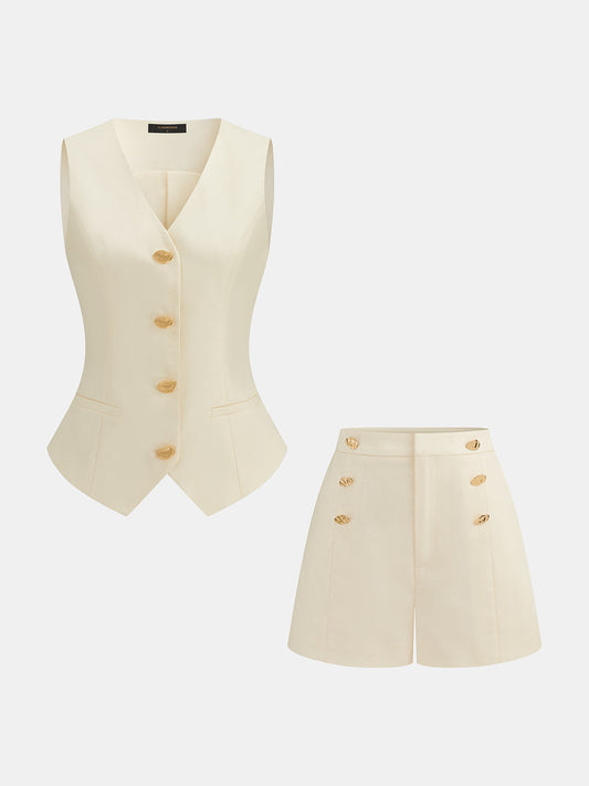 Conjunto de Dos Piezas en Mezcla de Lino con Botones Metálicos y Short