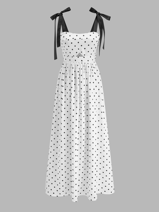 Vestido Lencero Midi de Lunares con Tirantes de Lazo