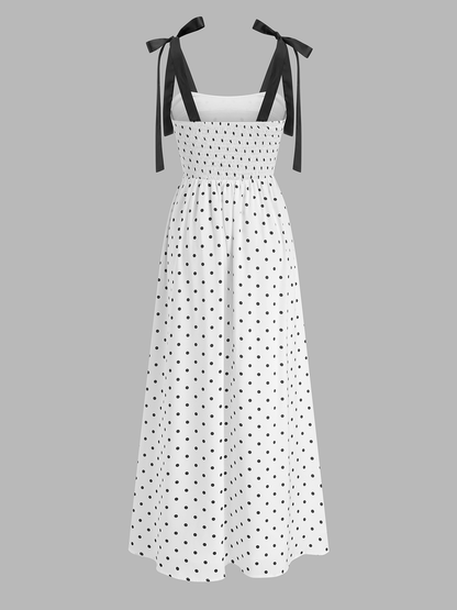 Vestido Lencero Midi de Lunares con Tirantes de Lazo