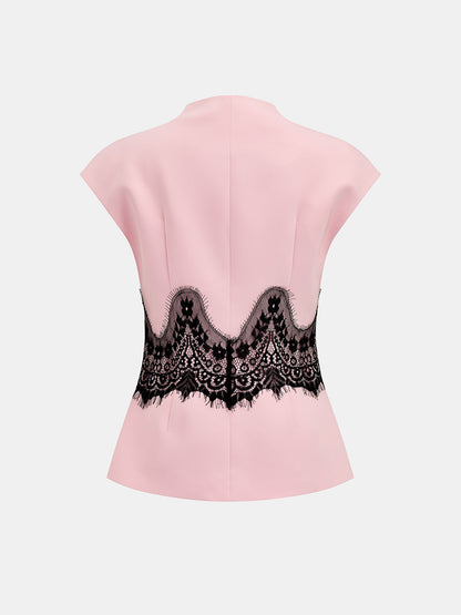Conjunto de blusa de manga corta con panel de encaje y pantalón