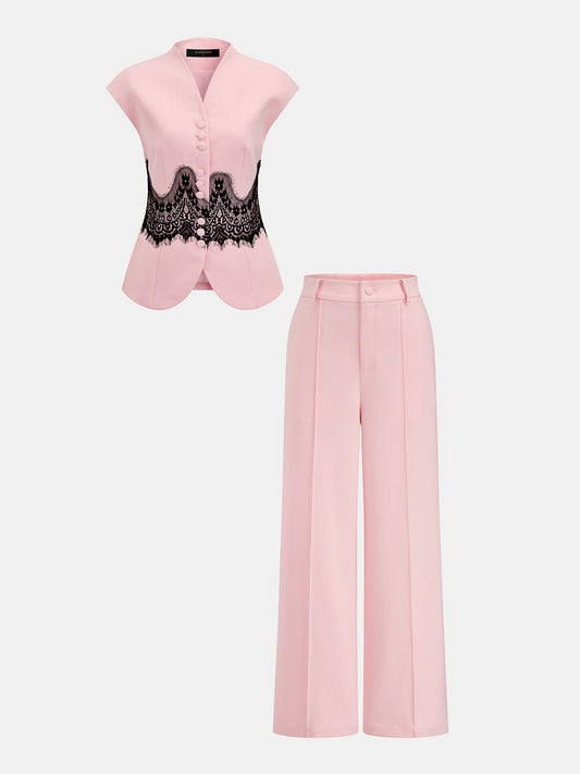 Conjunto de blusa de manga corta con panel de encaje y pantalón