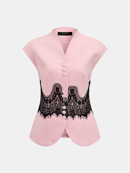 Conjunto de blusa de manga corta con panel de encaje y pantalón