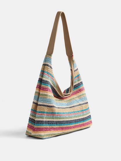 Bolso tote de hombro de rafia a rayas
