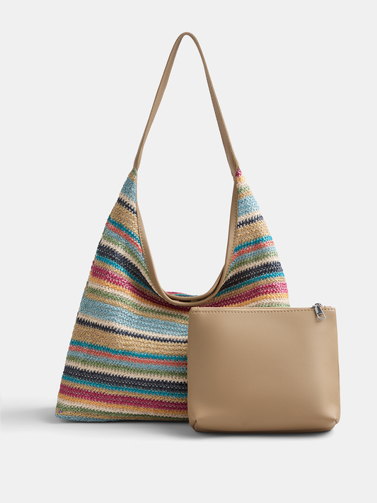 Bolso tote de hombro de rafia a rayas