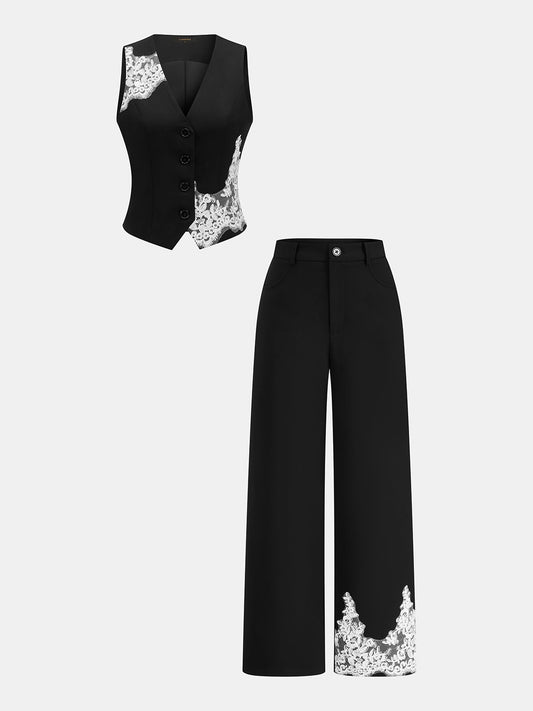 Conjunto de dos piezas con aplicación de encaje: top y pantalón