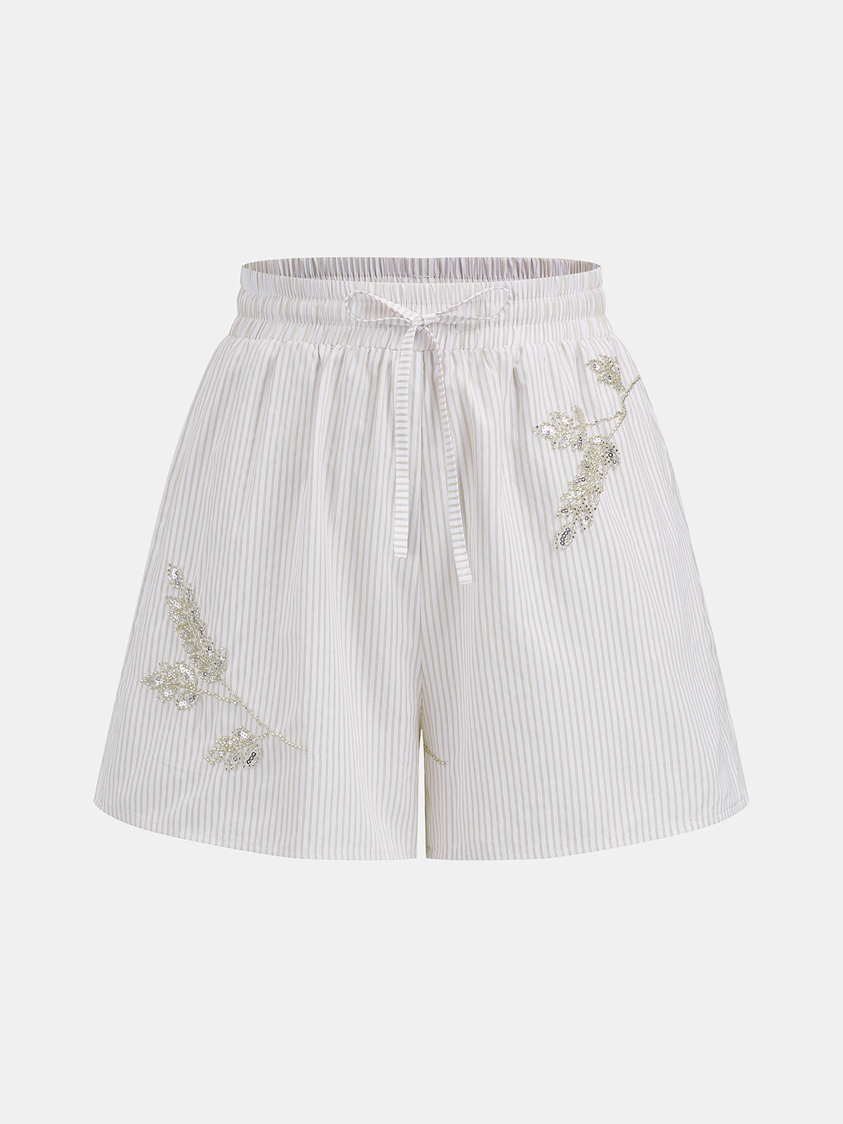 Pantalón Corto Casual a Rayas con Hojas de Lentejuelas y Cordón