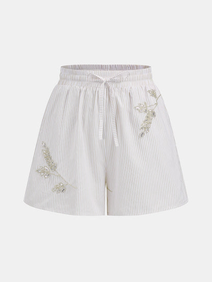 Pantalón Corto Casual a Rayas con Hojas de Lentejuelas y Cordón