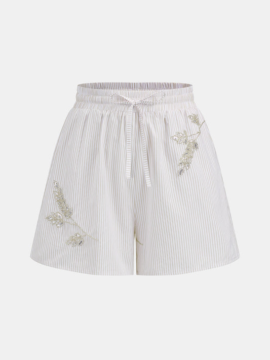Pantalón Corto Casual a Rayas con Hojas de Lentejuelas y Cordón
