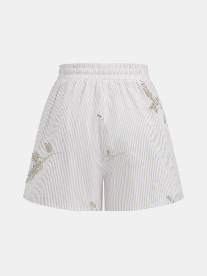 Pantalón Corto Casual a Rayas con Hojas de Lentejuelas y Cordón