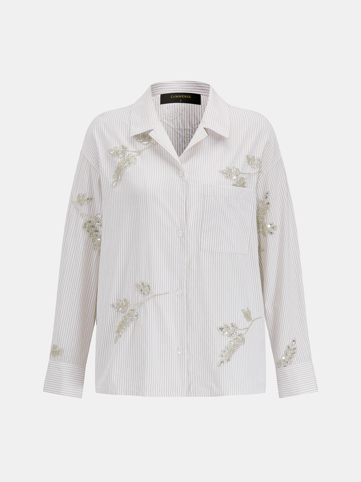 Camisa de Manga Larga a Rayas con Hojas de Lentejuelas