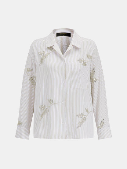 Camisa de Manga Larga a Rayas con Hojas de Lentejuelas