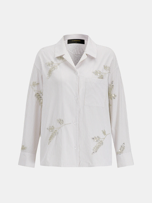 Camisa de Manga Larga a Rayas con Hojas de Lentejuelas