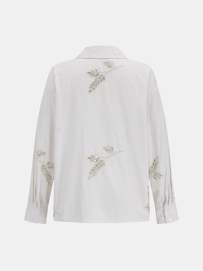 Camisa de Manga Larga a Rayas con Hojas de Lentejuelas