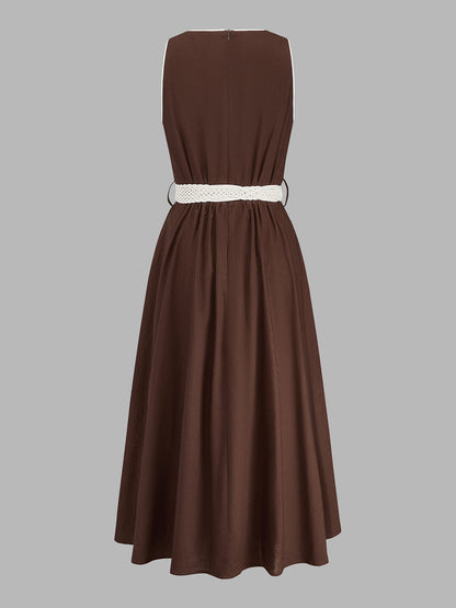 Vestido Midi de Lino y Algodón Sin Mangas con Cinturón