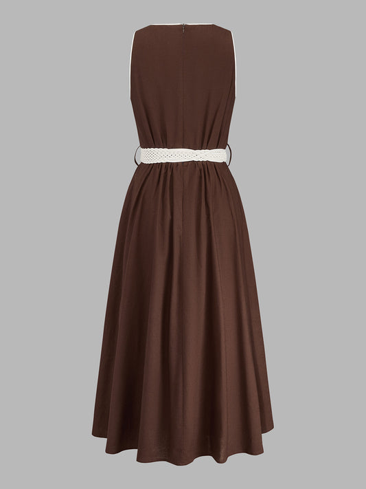 Vestido Midi de Lino y Algodón Sin Mangas con Cinturón