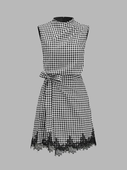 Vestido mini de cuadros vichy con lazo y ribete de encaje