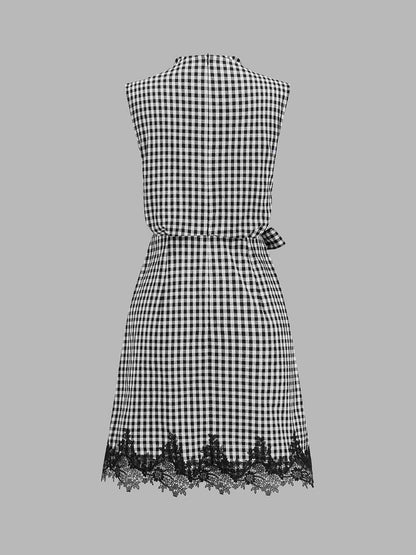 Vestido mini de cuadros vichy con lazo y ribete de encaje