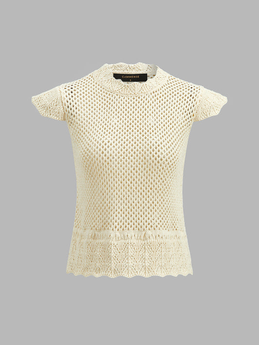 Top de punto de crochet calado con manga corta