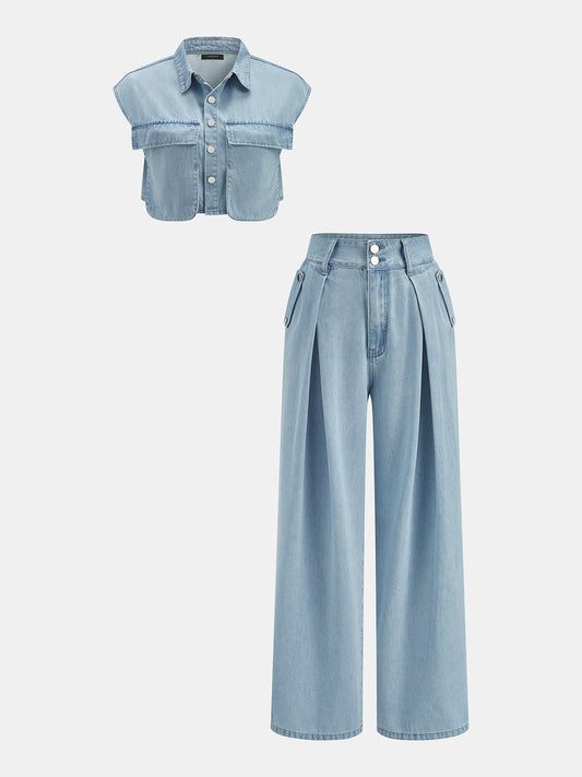 Conjunto de Top Vaquero Sin Mangas y Pantalón Plisado