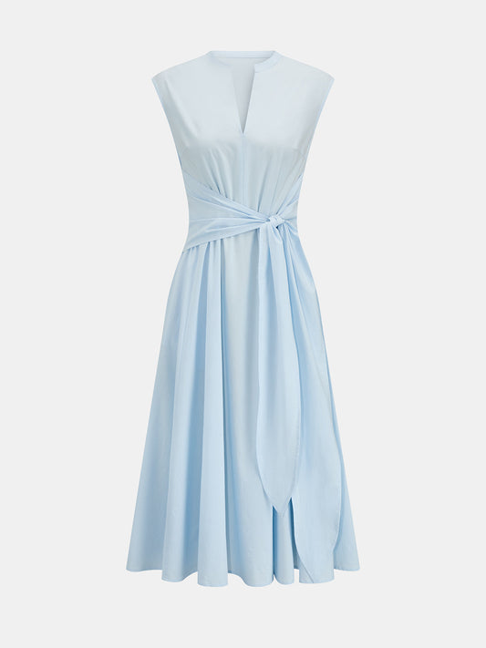 Vestido midi sin mangas de mezcla de algodón con lazo en la cintura