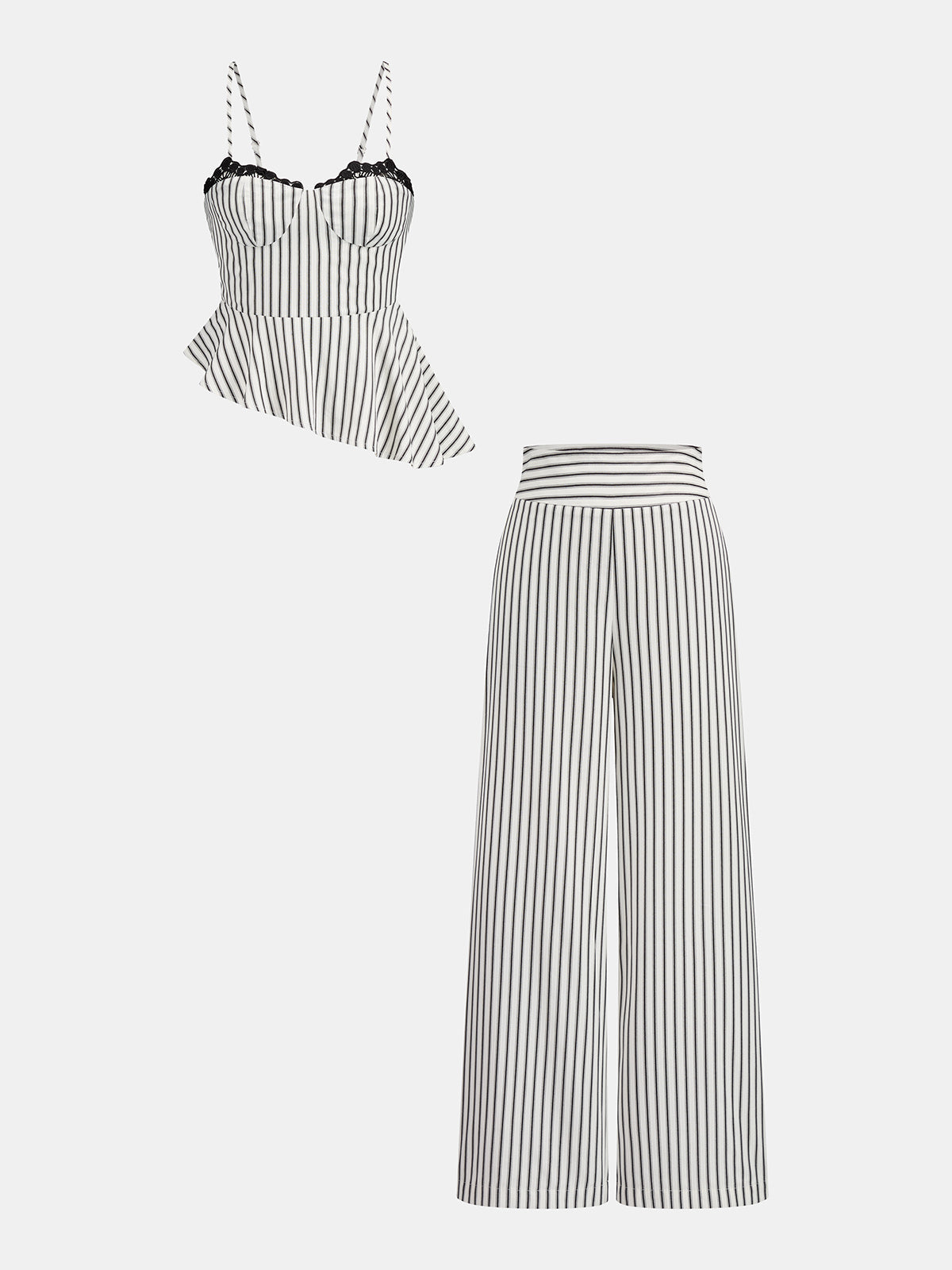 Conjunto de top peplum a rayas con encaje y pantalón