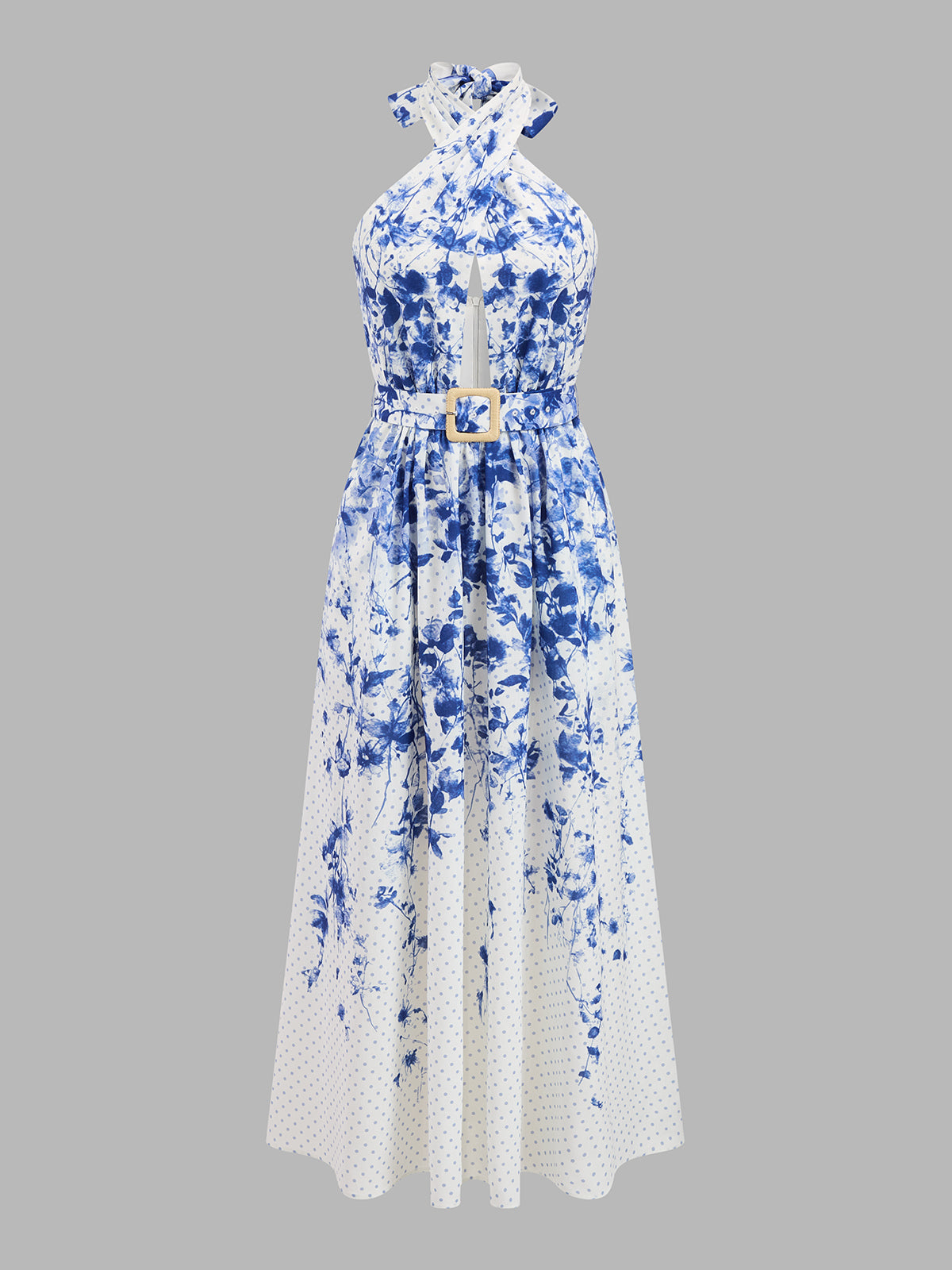 Vestido largo halter con estampado floral de lunares y cinturón