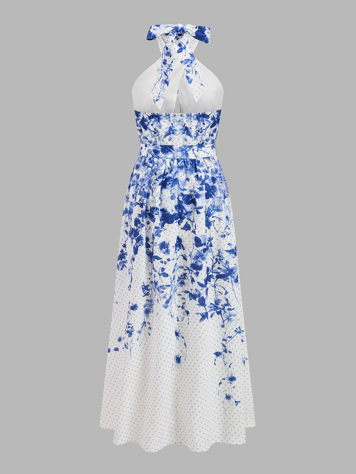 Vestido largo halter con estampado floral de lunares y cinturón